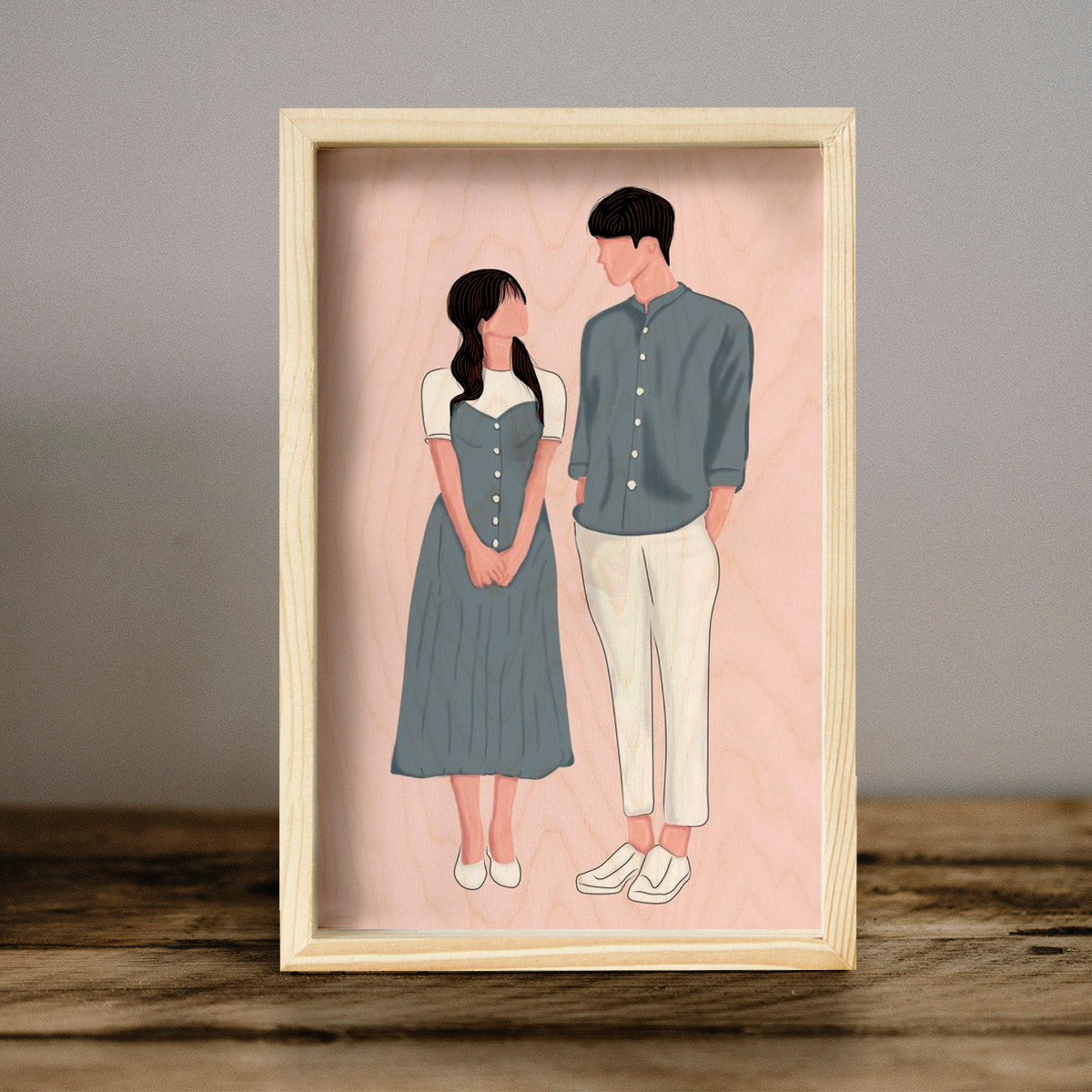 Vector Portrait Pine Frame in Wood with Personalized Couple Art