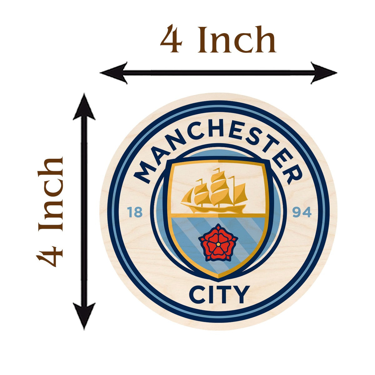 Held in hand for scale, real-world 4x4 inch for this manchester city fridge magnet, in birch wood.