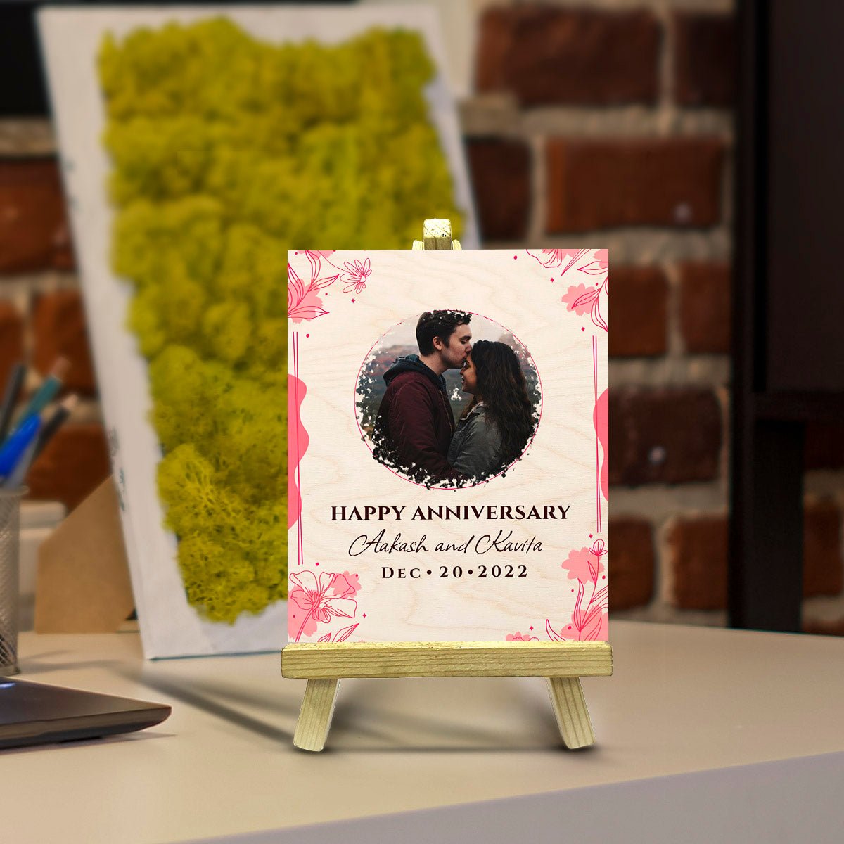 Anniversary Wood Print – Floral Border Couple Photo - Sblossom