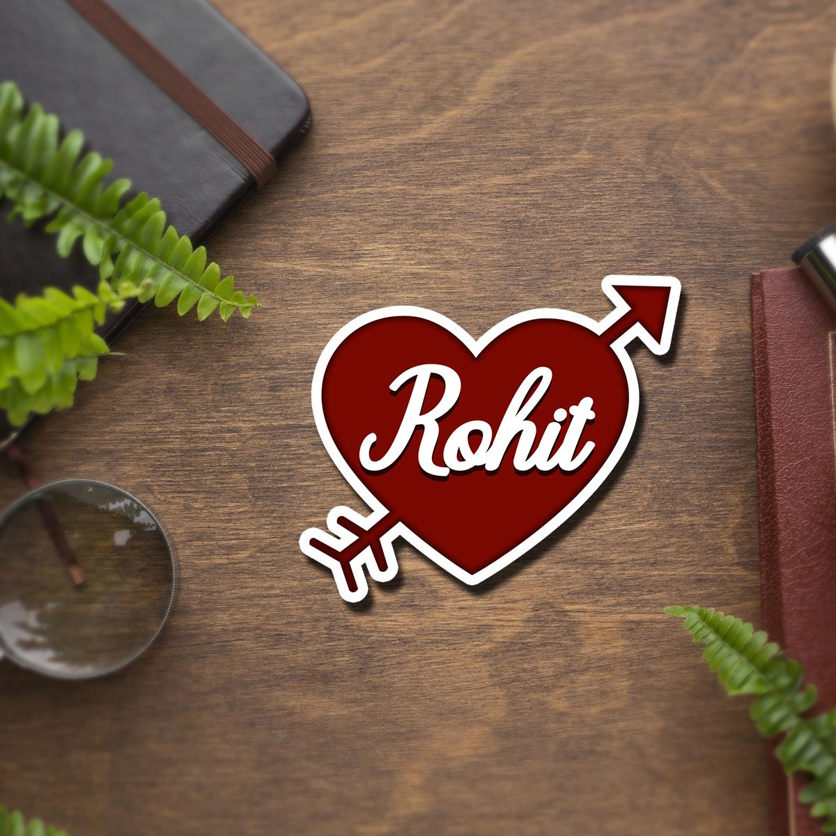 Cupid Heart Name Magnet in Wood with Cursive Couple Print Design - Sblossom