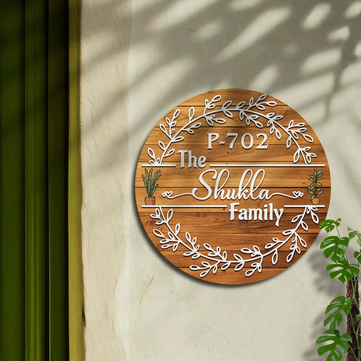Leaf-Wreath Board Round Name Plate for Main Door, 12x12 Inch - Sblossom