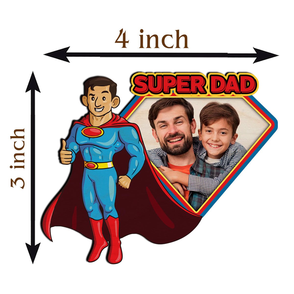 Super Dad Photo Magnet in Wood with Superhero Cartoon Design - Sblossom