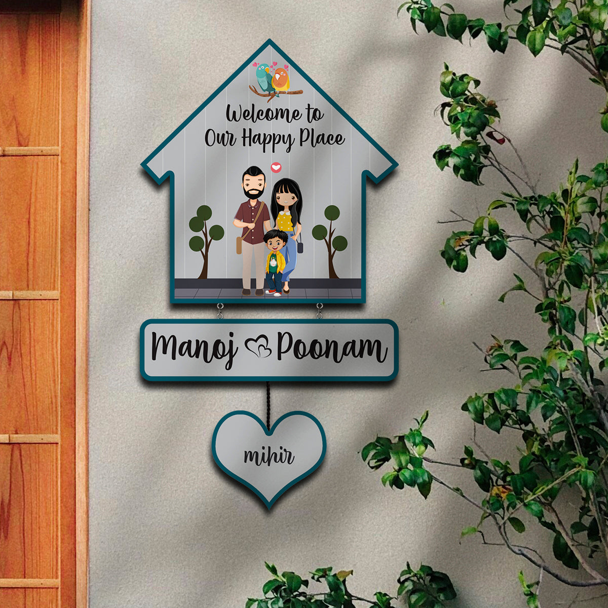 Bird Hut Family Name Plate with Lovebirds for Door