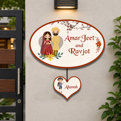 Punjabi Name Plate for Home – Wedding Couple Oval