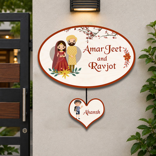 Punjabi Name Plate for Home – Wedding Couple Oval