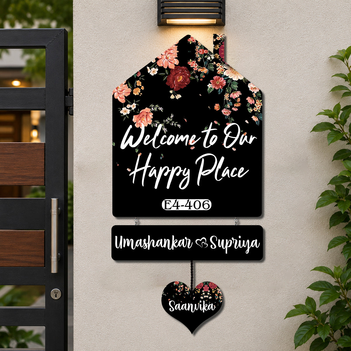 Floral Hut Name Board – Black Silhouette for House