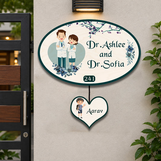 Oval Doctor Couple Name Plate for Home with Kid Tag