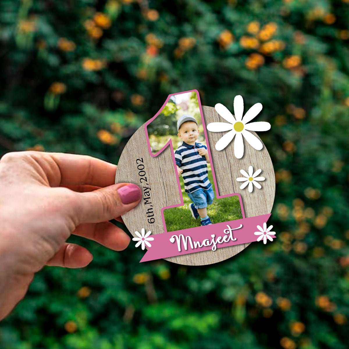 1st Birthday Fridge Magnet – Wood Photo with Daisy - Sblossom