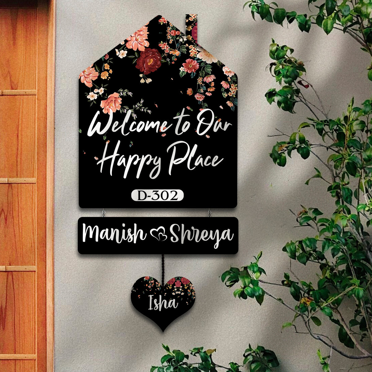 Floral Hut Name Board – Black Silhouette for House