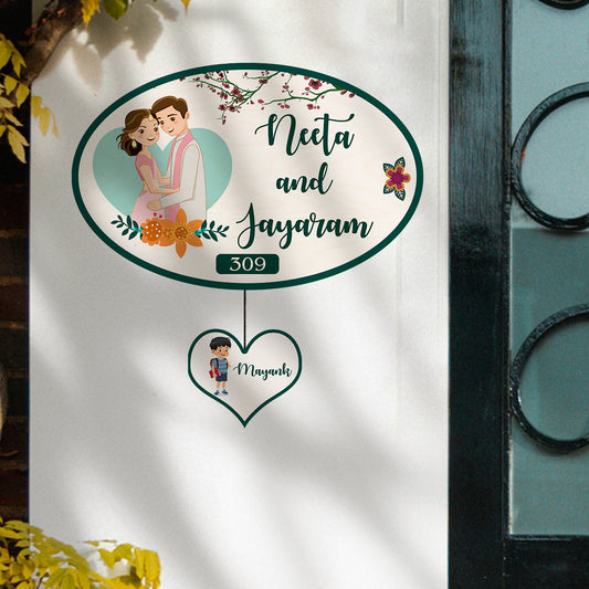 Apartment Name Plate – Oval Wooden Couple for Flat Door