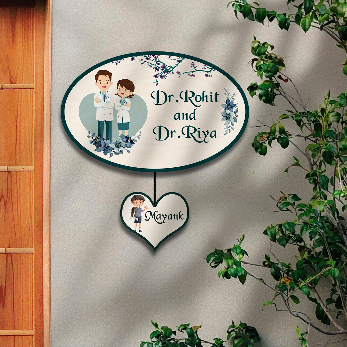 Oval Doctor Couple Name Plate for Home with Kid Tag