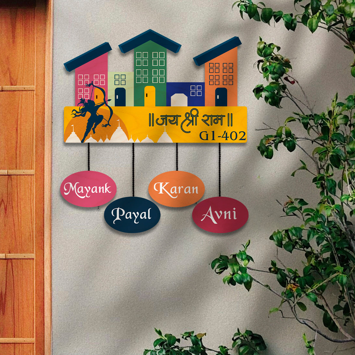 Lord Rama Motif Customised Name Plate for Door with Two Kids