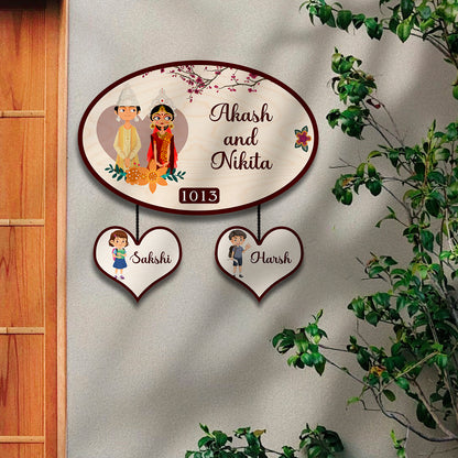 Oval Bengali Couple Name Plate for Home – Wooden Design