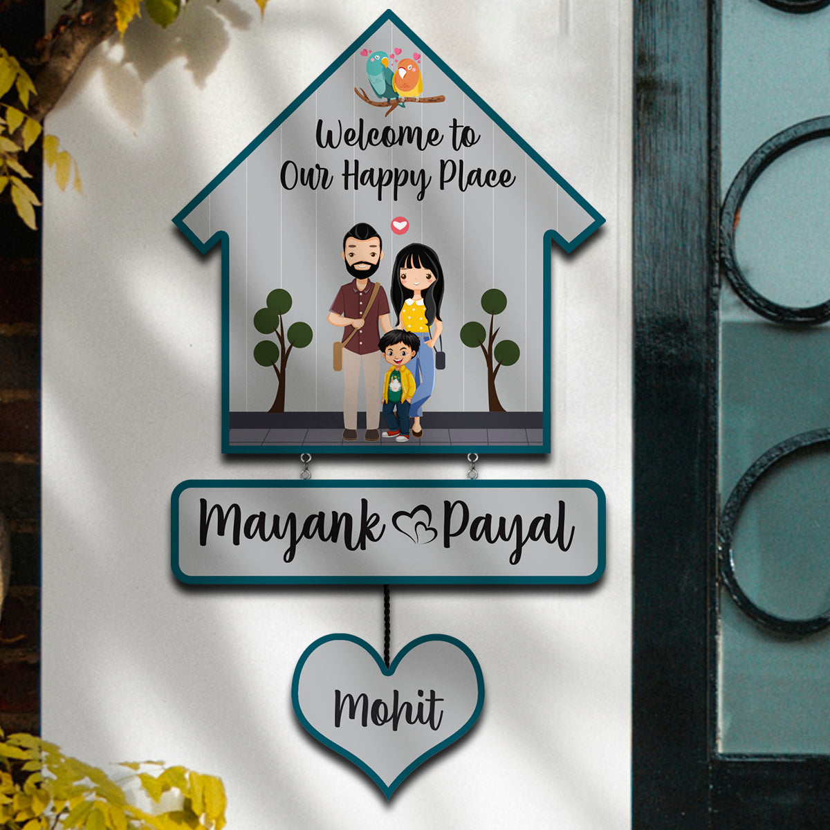Bird Hut Family Name Plate with Lovebirds for Door