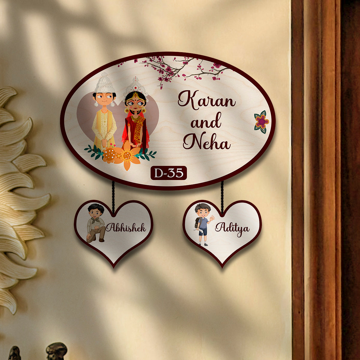 Oval Bengali Couple Name Plate for Home – Wooden Design