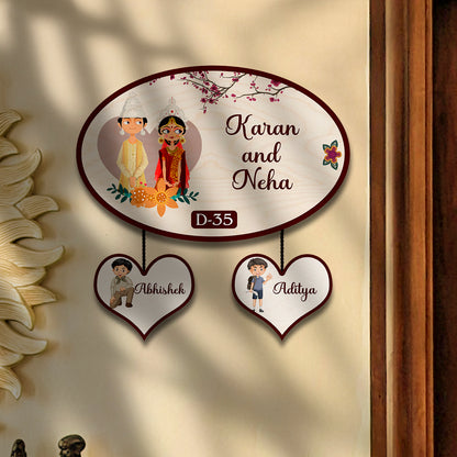 Oval Bengali Couple Name Plate for Home – Wooden Design