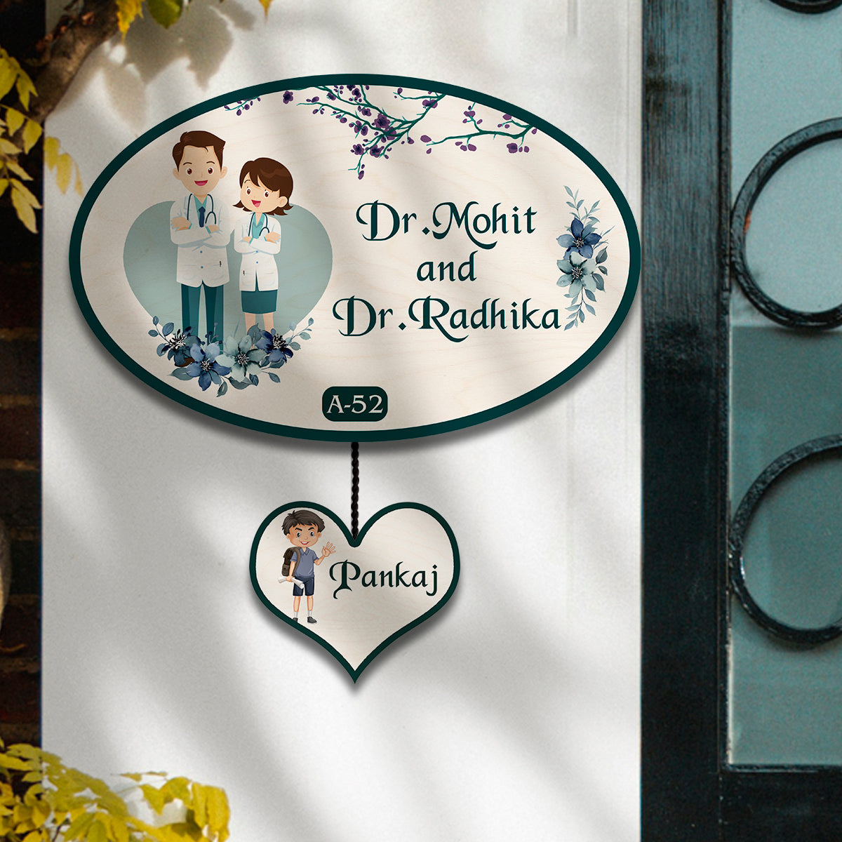 Oval Doctor Couple Name Plate for Home with Kid Tag