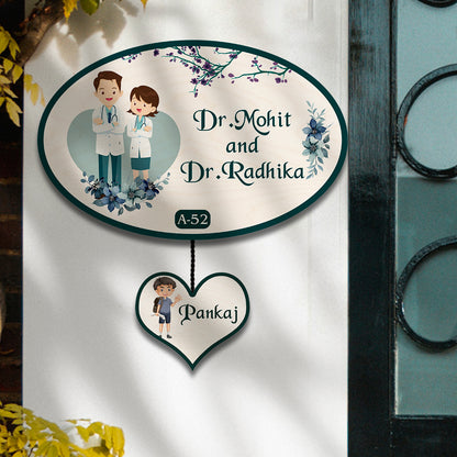 Oval Doctor Couple Name Plate for Home with Kid Tag