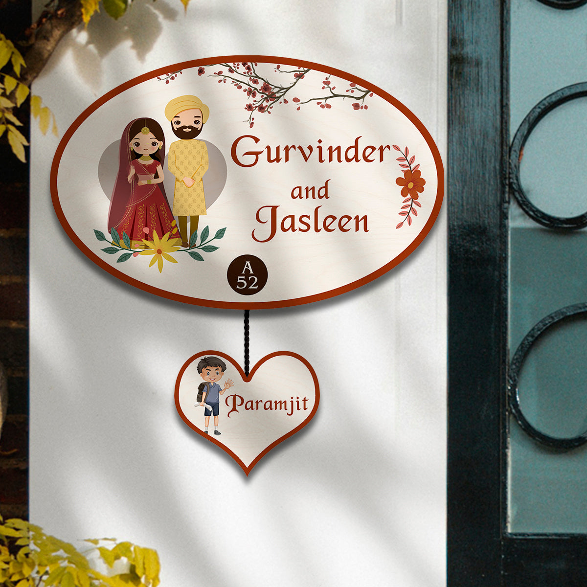 Punjabi Name Plate for Home – Wedding Couple Oval