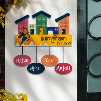 Lord Rama Motif Customised Name Plate for Door with Two Kids