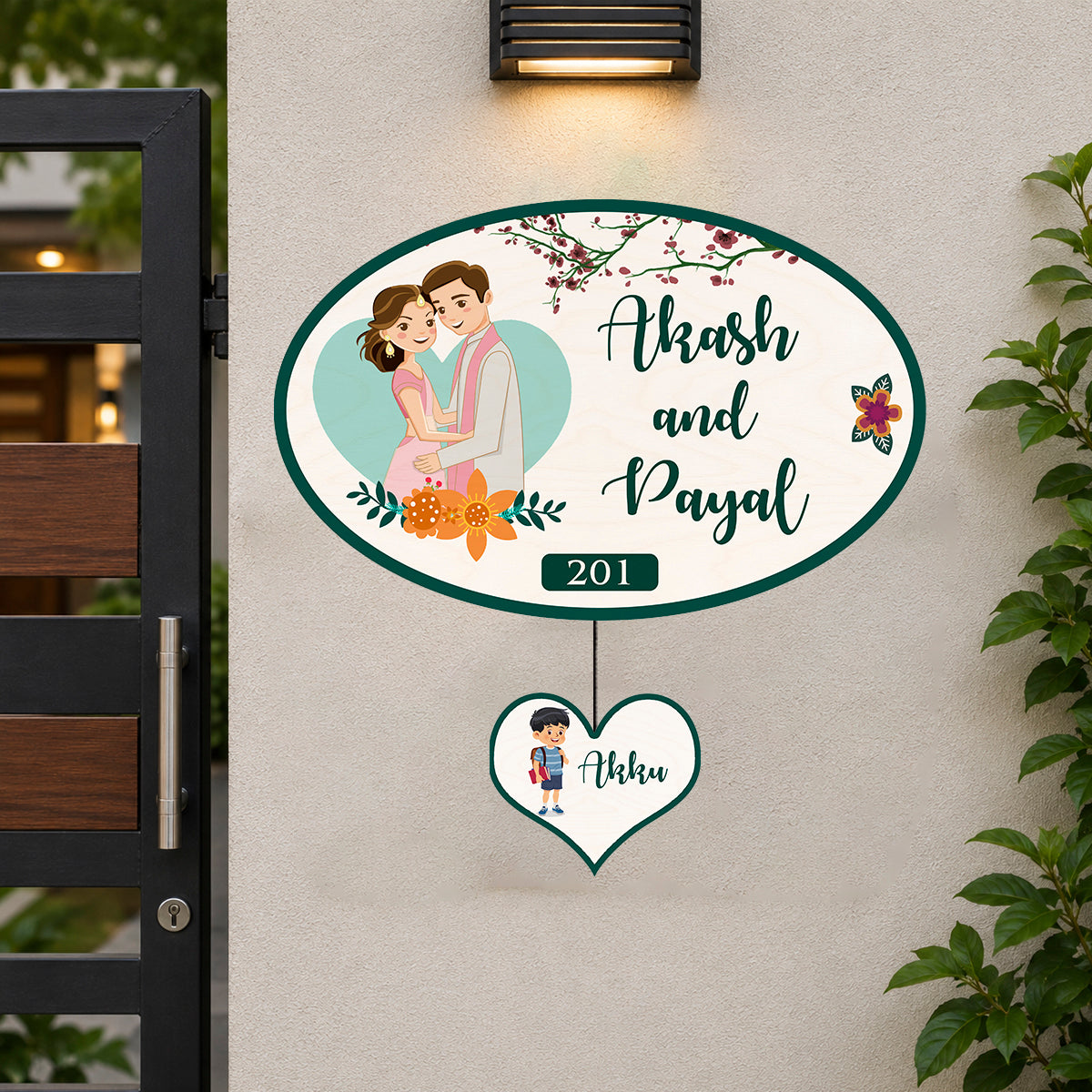 Apartment Name Plate – Oval Wooden Couple for Flat Door
