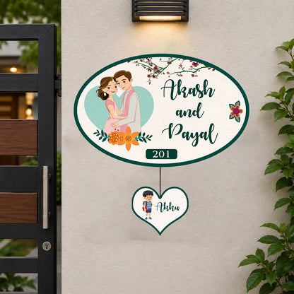 Apartment Name Plate – Oval Wooden Couple for Flat Door