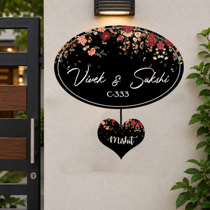 Oval Floral Family Name Plate for Main Door