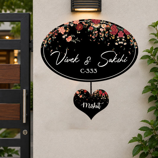 Oval Floral Family Name Plate for Main Door