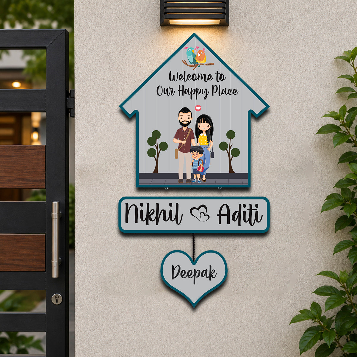 Bird Hut Family Name Plate with Lovebirds for Door