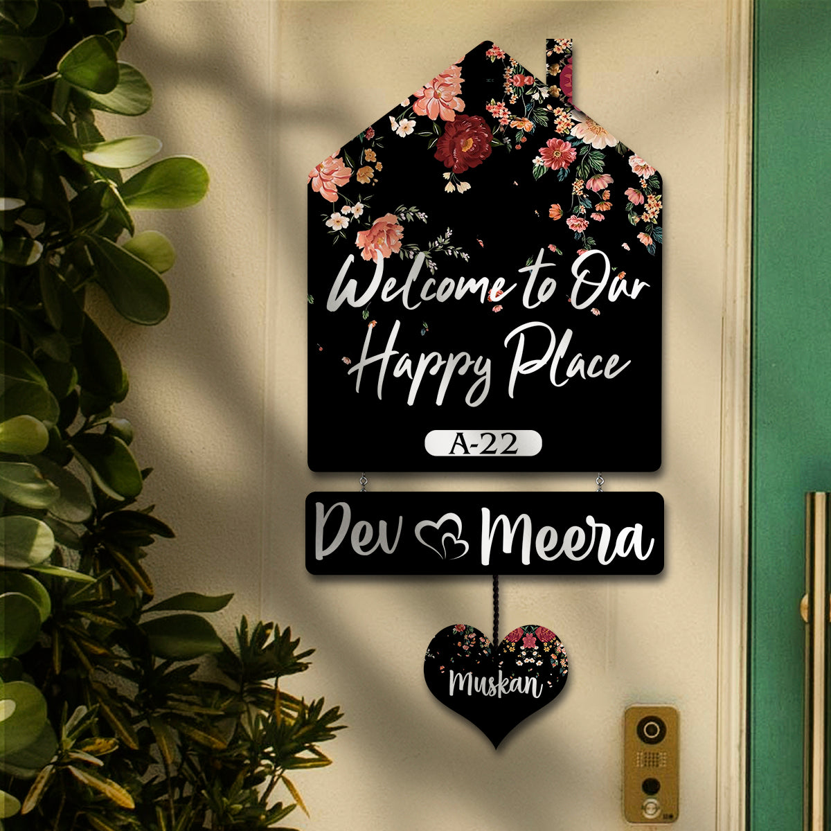 Floral Hut Name Board – Black Silhouette for House