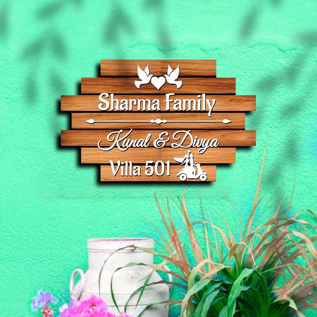 3D Name Plate Design – Dove Plank with White Heart - Sblossom