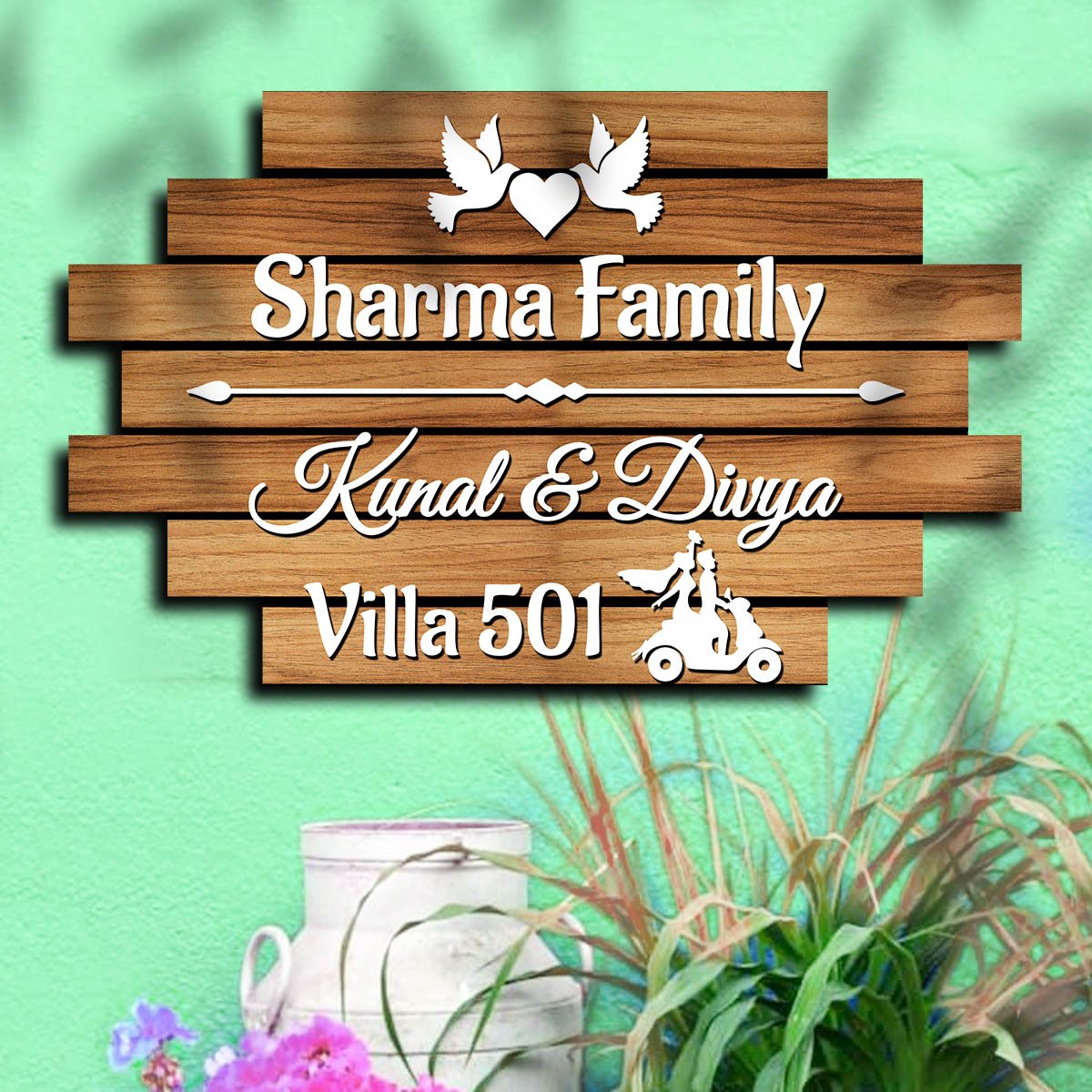 3D Name Plate Design – Dove Plank with White Heart - Sblossom