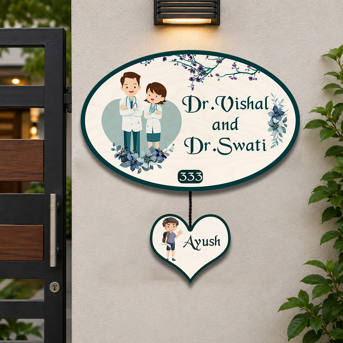 Oval Doctor Couple Name Plate for Home with Kid Tag