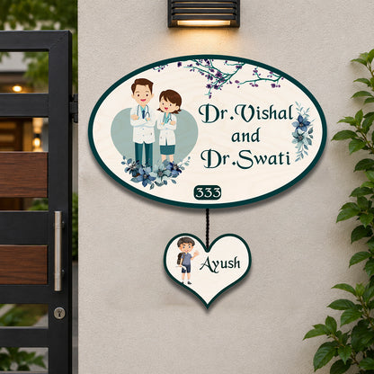 Oval Doctor Couple Name Plate for Home with Kid Tag