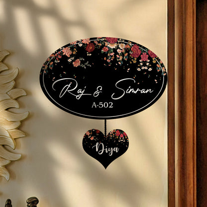 Oval Floral Family Name Plate for Main Door