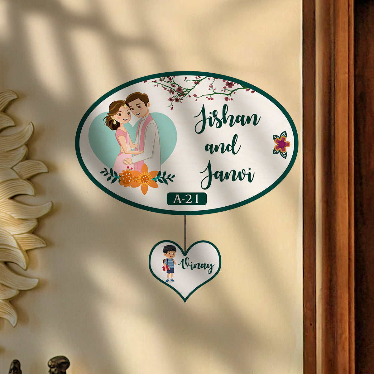 Apartment Name Plate – Oval Wooden Couple for Flat Door