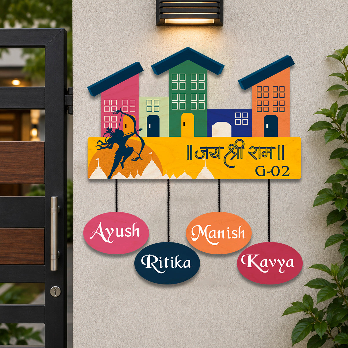 Lord Rama Motif Customised Name Plate for Door with Two Kids
