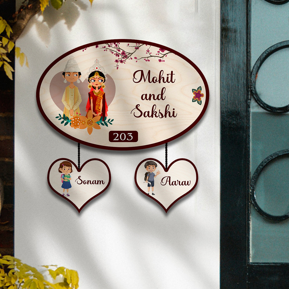 Oval Bengali Couple Name Plate for Home – Wooden Design