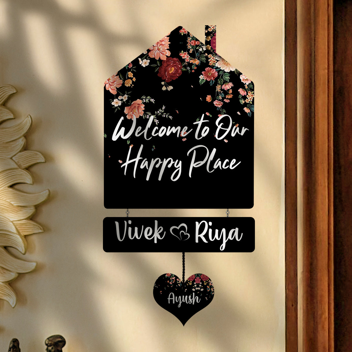 Floral Hut Name Board – Black Silhouette for House