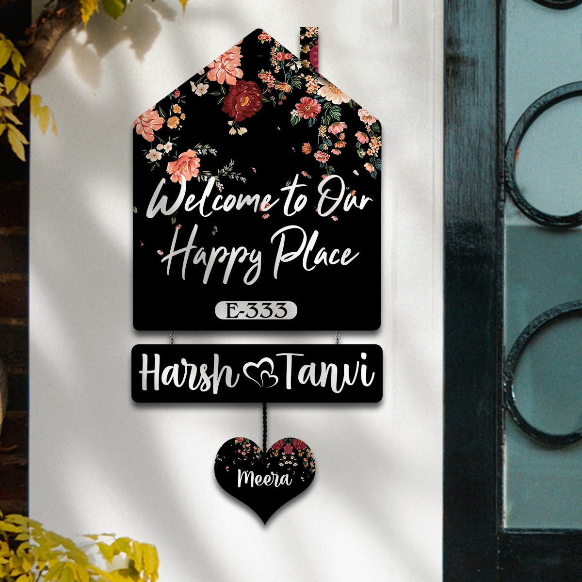 Floral Hut Name Board – Black Silhouette for House
