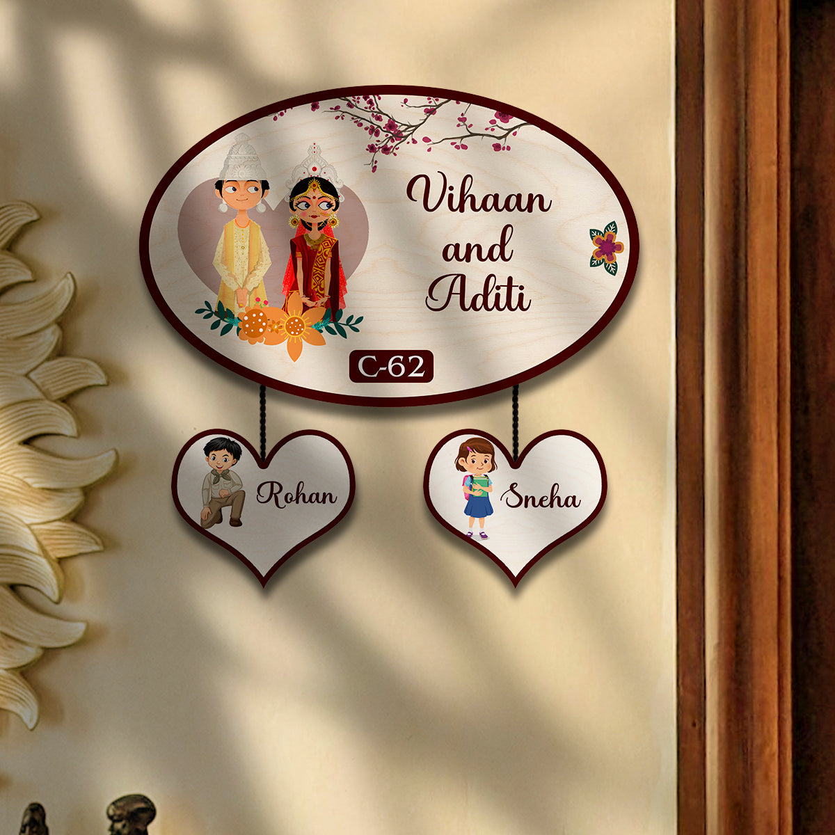 Oval Bengali Couple Name Plate for Home – Wooden Design