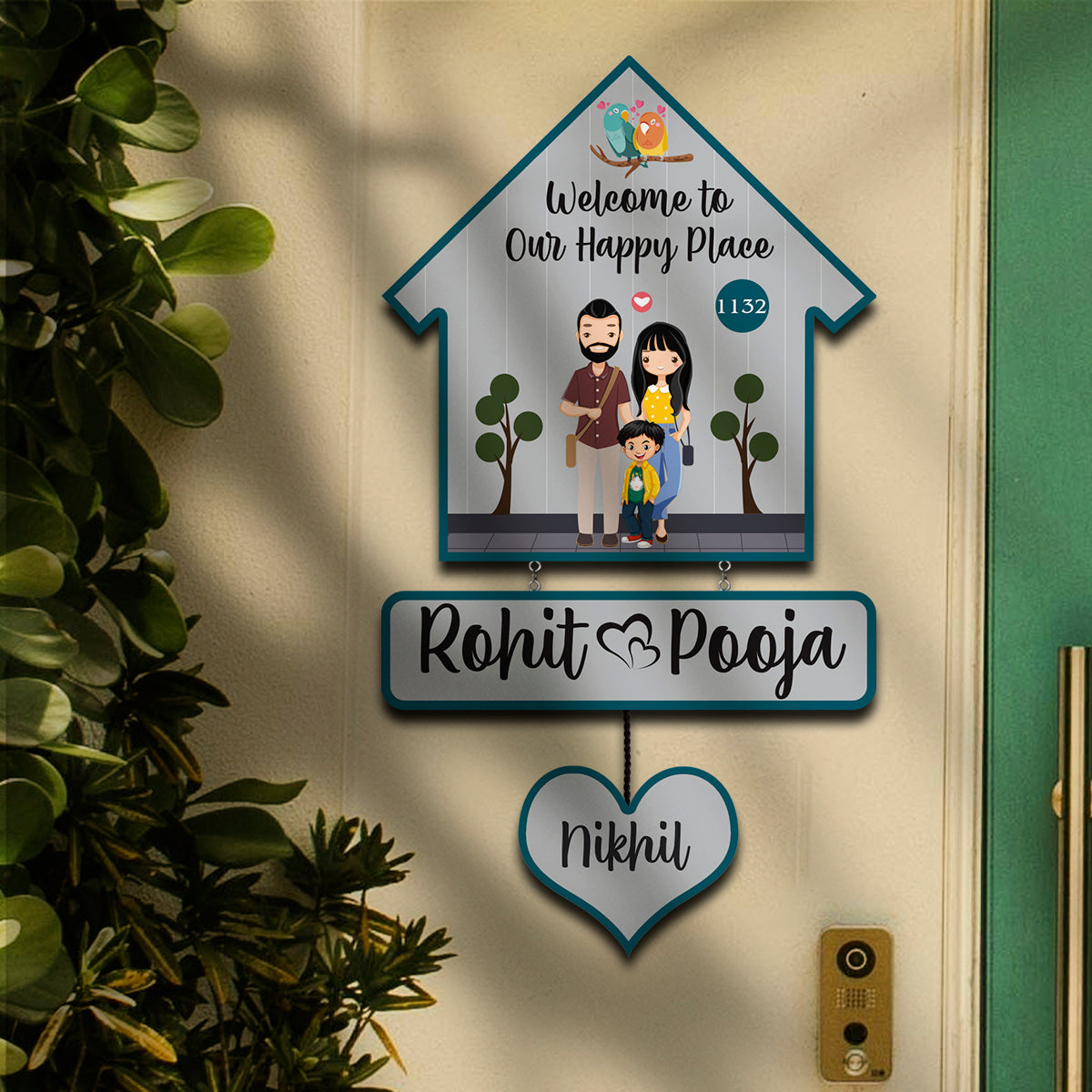 Bird Hut Family Name Plate with Lovebirds for Door