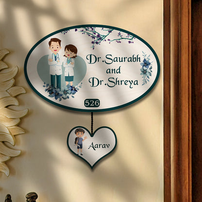 Oval Doctor Couple Name Plate for Home with Kid Tag