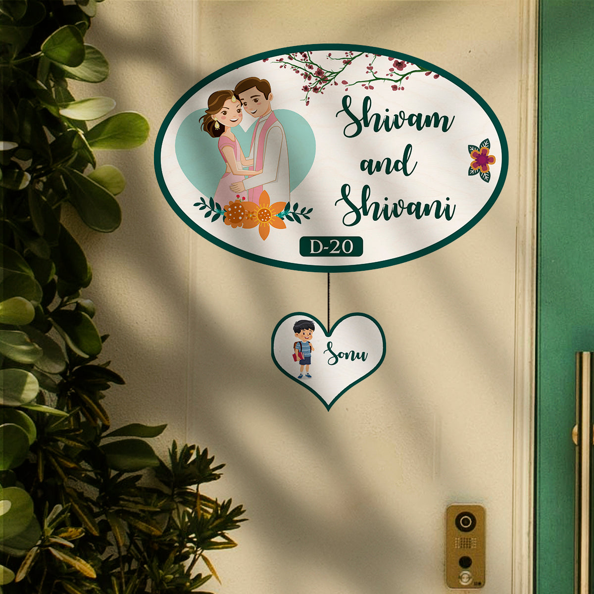 Apartment Name Plate – Oval Wooden Couple for Flat Door