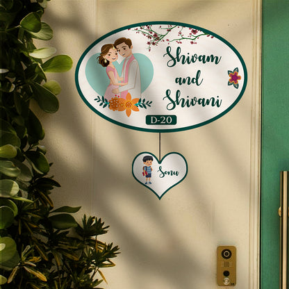 Apartment Name Plate – Oval Wooden Couple for Flat Door