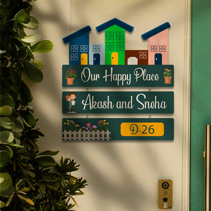 Customise Wood Name Plate – Happy Place for Entrance