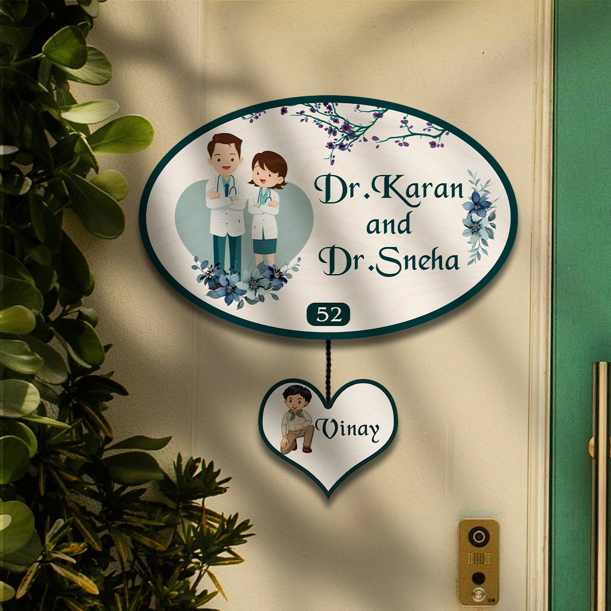Oval Doctor Couple Name Plate for Home with Kid Tag