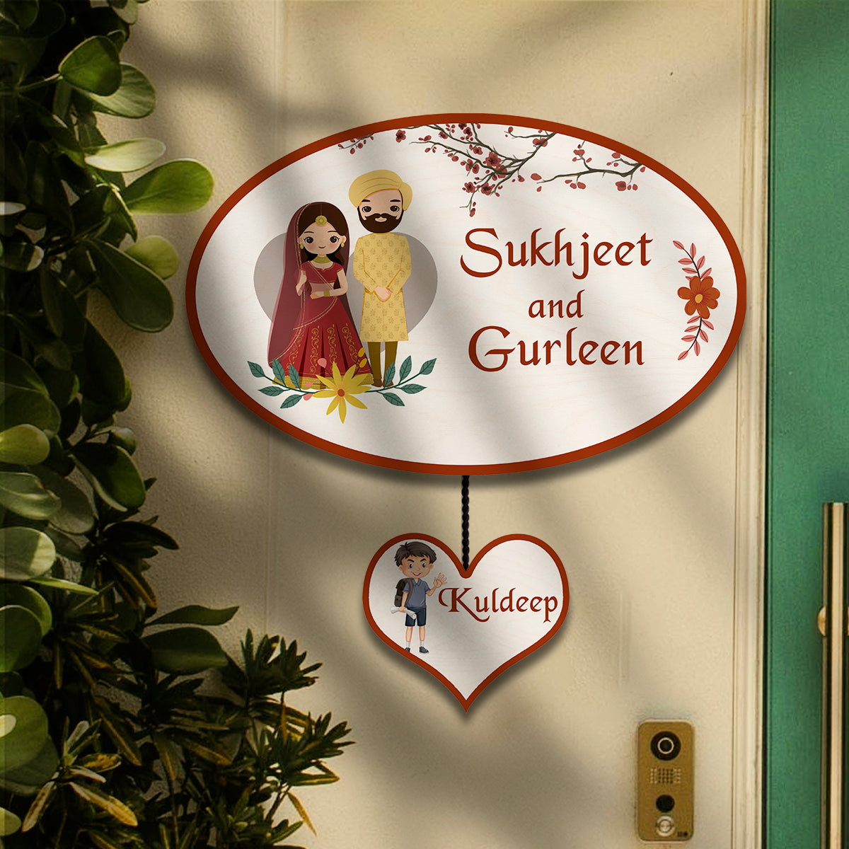Punjabi Name Plate for Home – Wedding Couple Oval