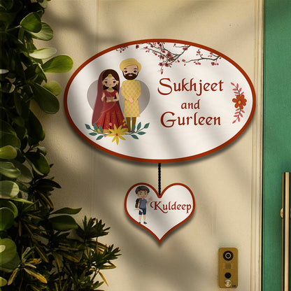 Punjabi Name Plate for Home – Wedding Couple Oval