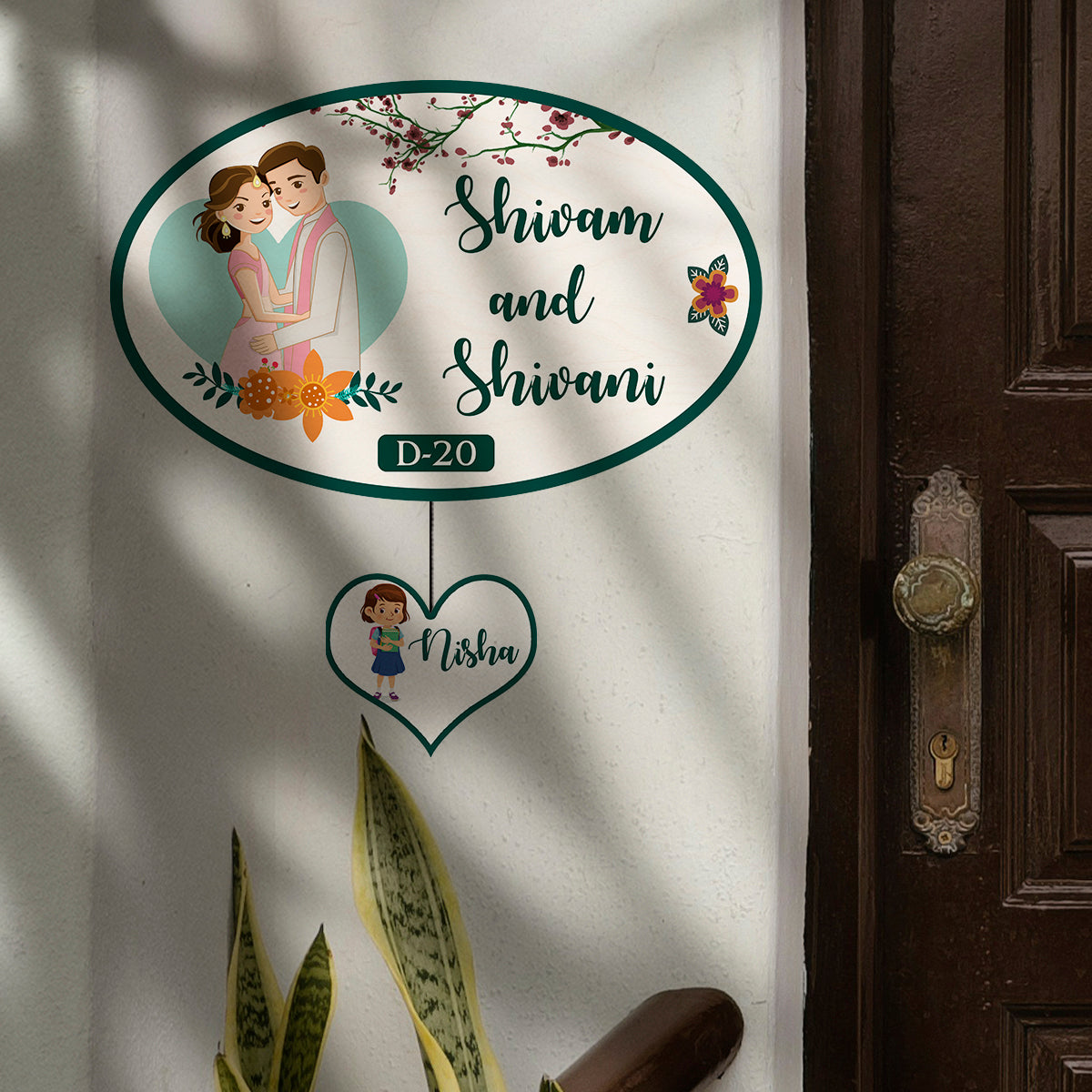 Apartment Name Plate – Oval Wooden Couple for Flat Door